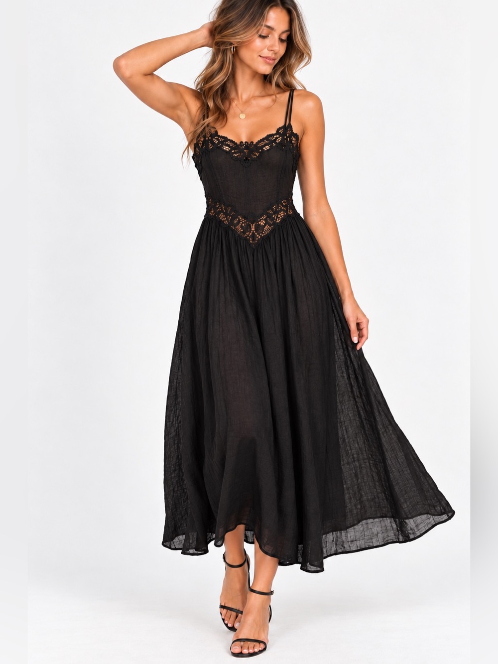 Zara Black Lace Trim Boho Maxi Dress Spaghetti Strap A Line Size S